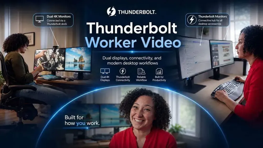 Thunderbolt worker video showing dual displays and modern desktop workflows